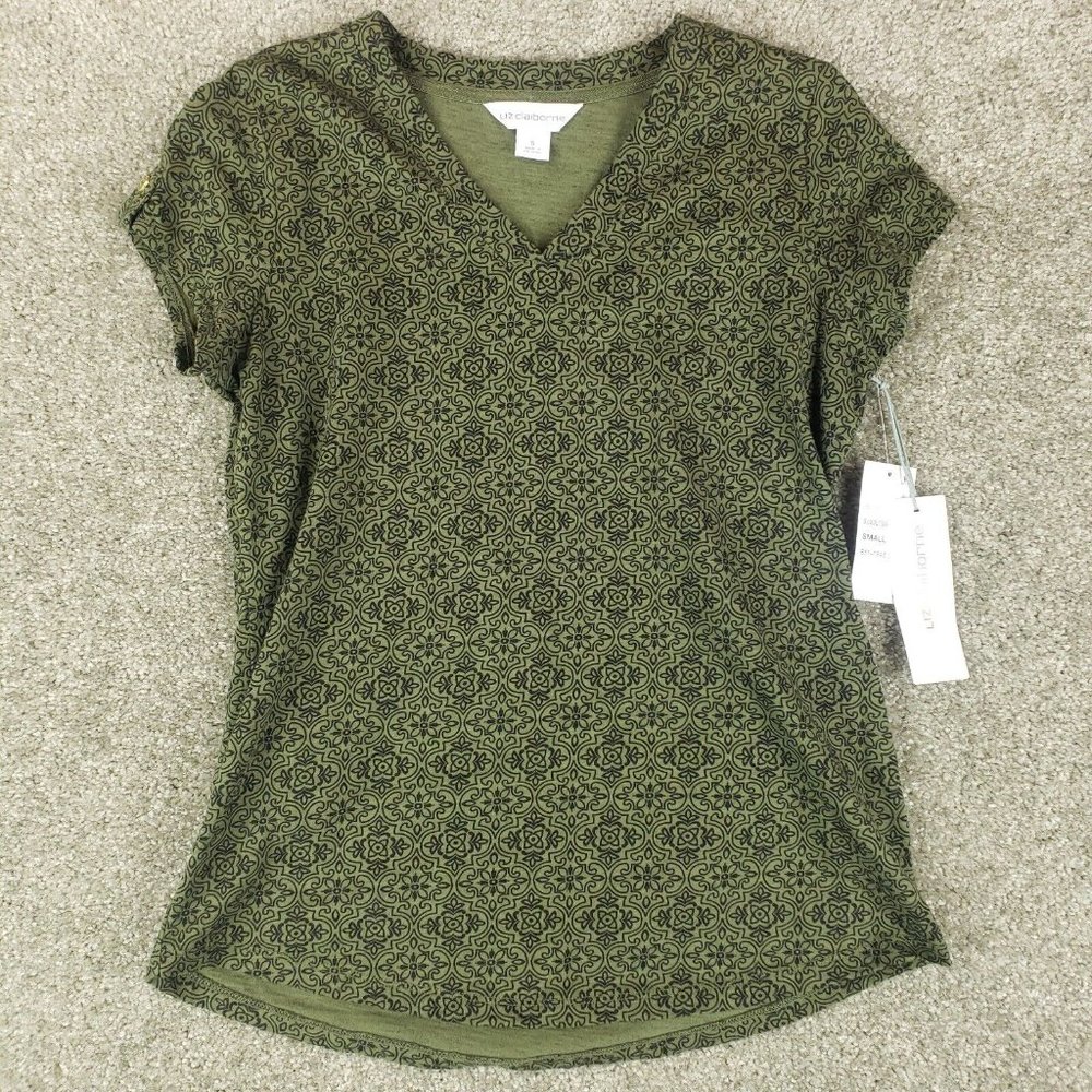 NWT Liz Claiborne Shirt Small S Womens Green Short Sleeve V Neck Cotton Top